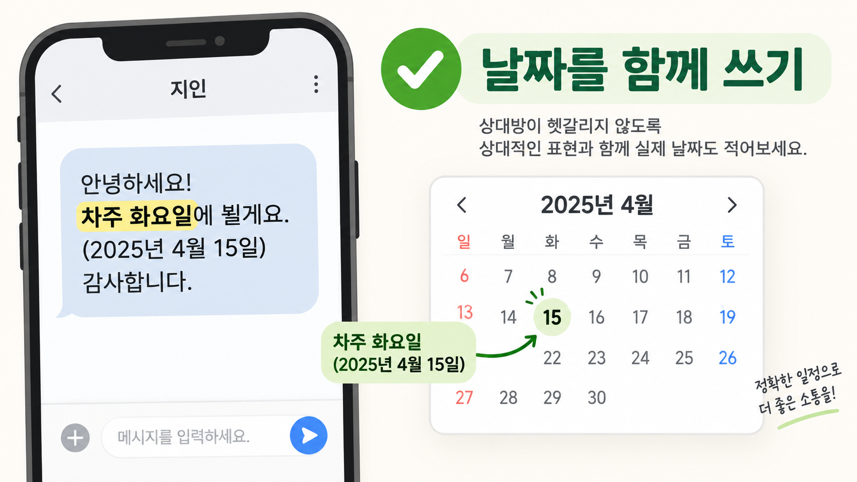 차주 화요일과 실제 날짜를 함께 적는 메시지 예시 정보카드