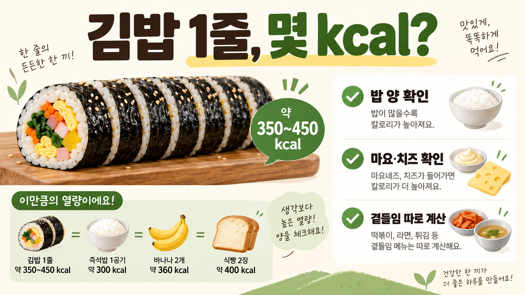 김밥 한 줄 칼로리와 밥 양, 마요네즈, 곁들임 확인법을 보여 주는 정보카드