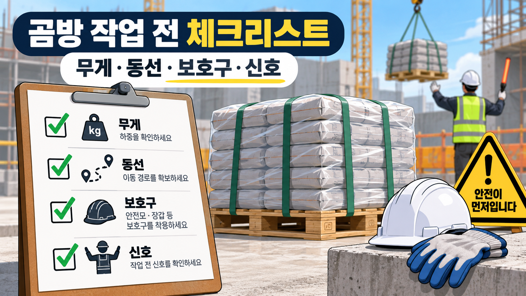곰방 작업 전 무게 동선 보호구 신호를 확인하는 안전 체크리스트 정보 카드