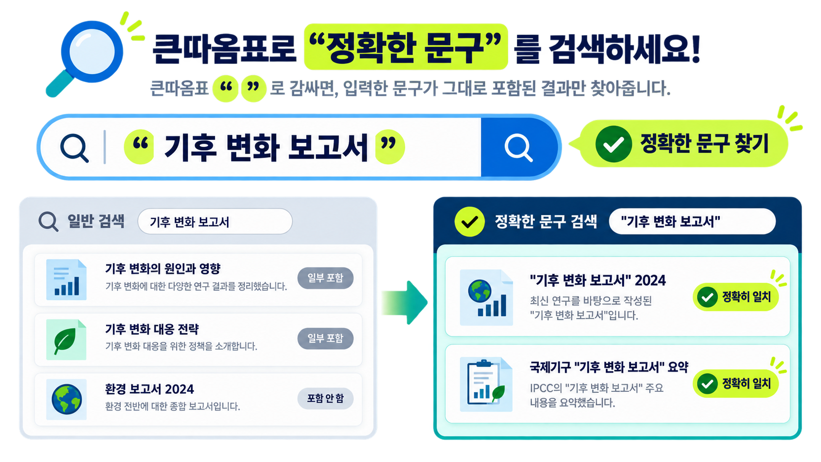 따옴표로 정확한 문구를 검색해 결과를 좁히는 방법을 보여 주는 정보카드
