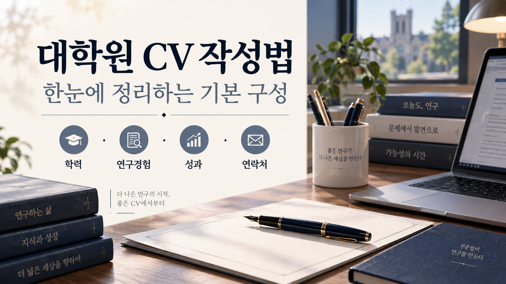 대학원 지원용 CV와 학위모가 놓인 연구 준비 책상