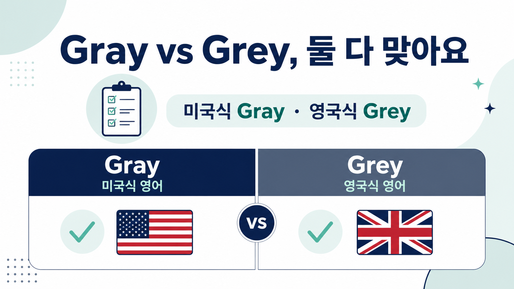 Gray와 Grey가 모두 맞다는 미국식 영국식 표기 비교 정보카드