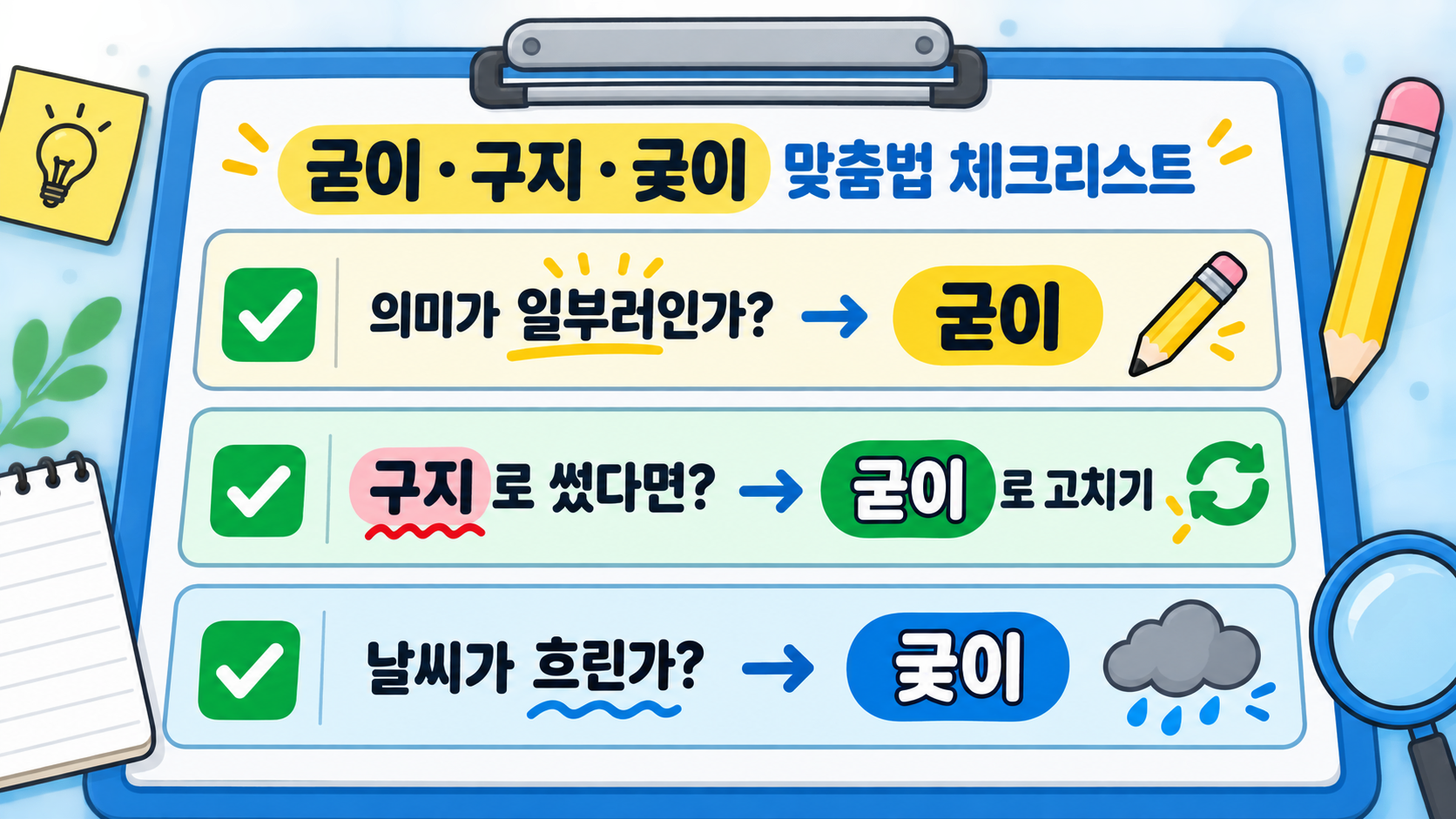 굳이와 구지, 궂이를 구분하는 세 단계 맞춤법 체크리스트