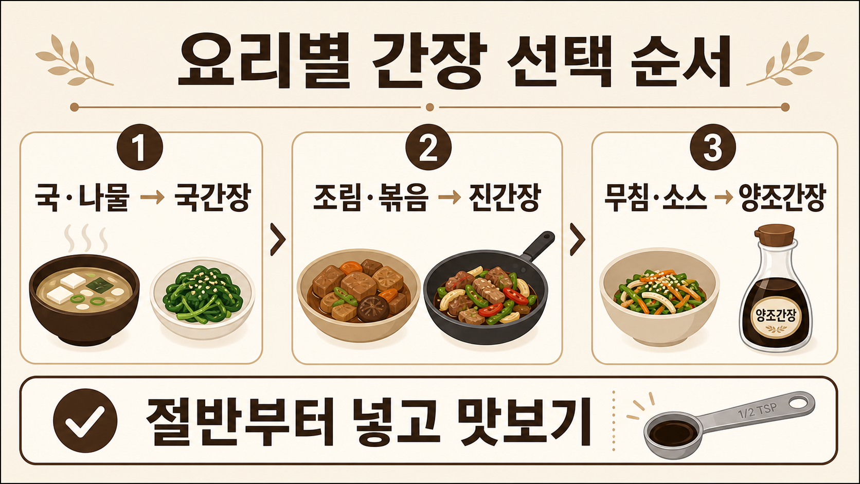 국 나물 조림 무침에 맞는 간장 선택 순서를 보여주는 정보카드