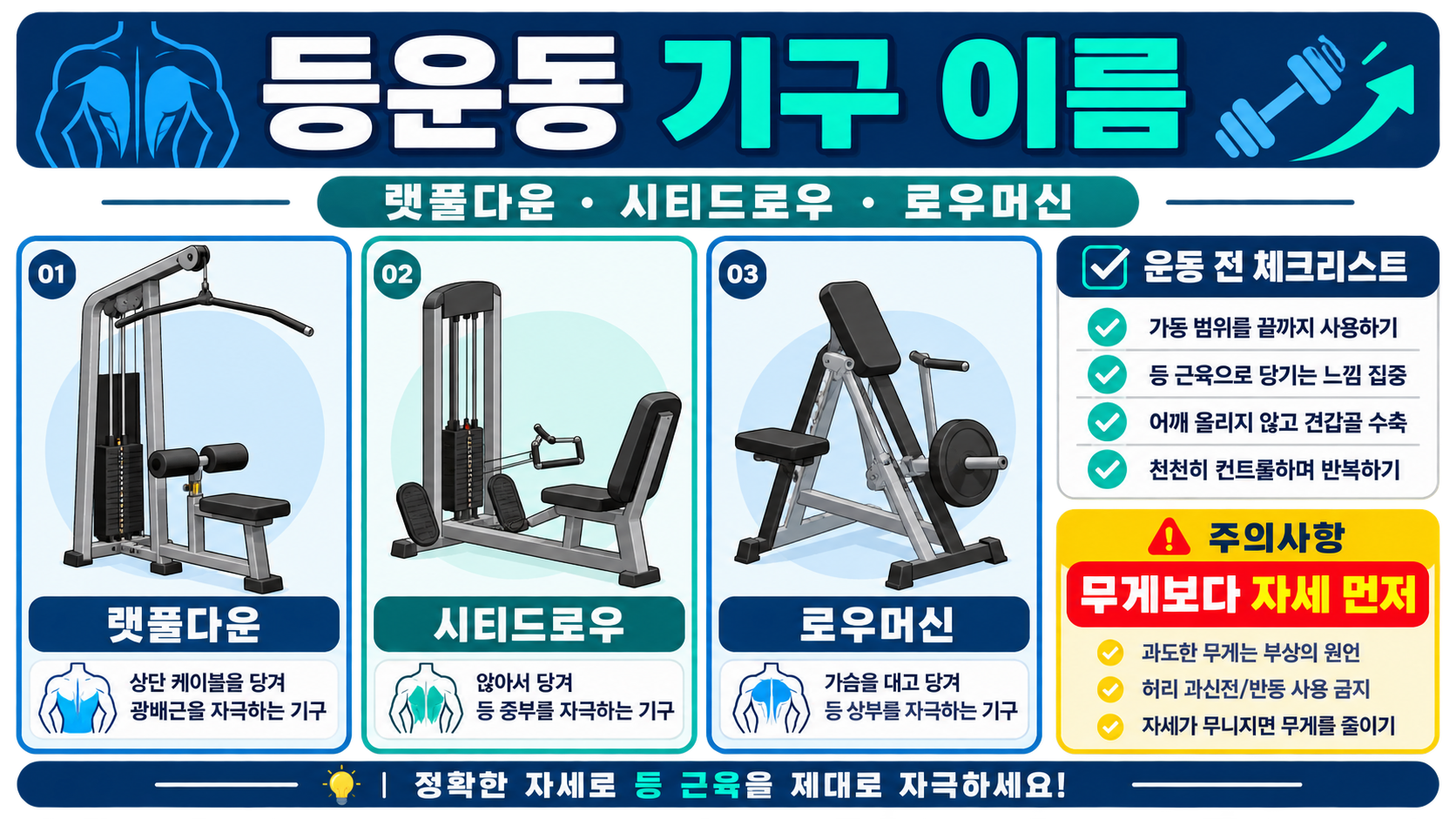 등운동 기구 이름을 정리한 정보 카드
