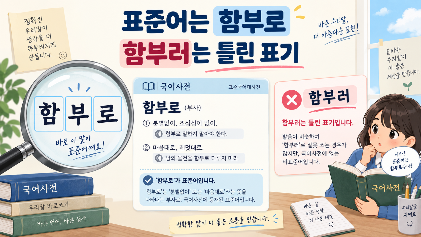 표준어 함부로와 틀린 표기 함부러를 사전 형식으로 설명한 정보카드