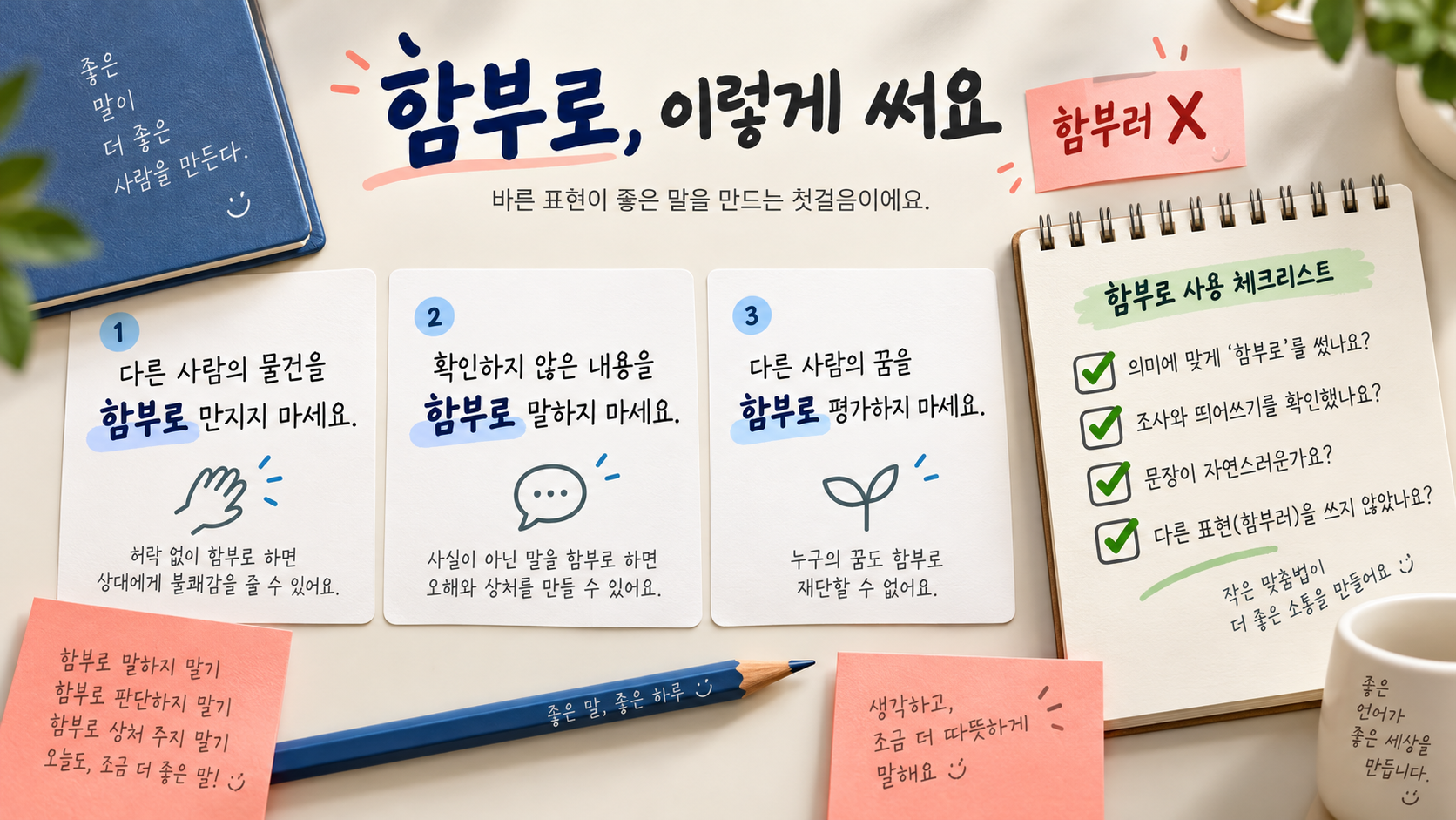 함부로의 올바른 문장 사용법을 체크리스트로 보여 주는 정보카드