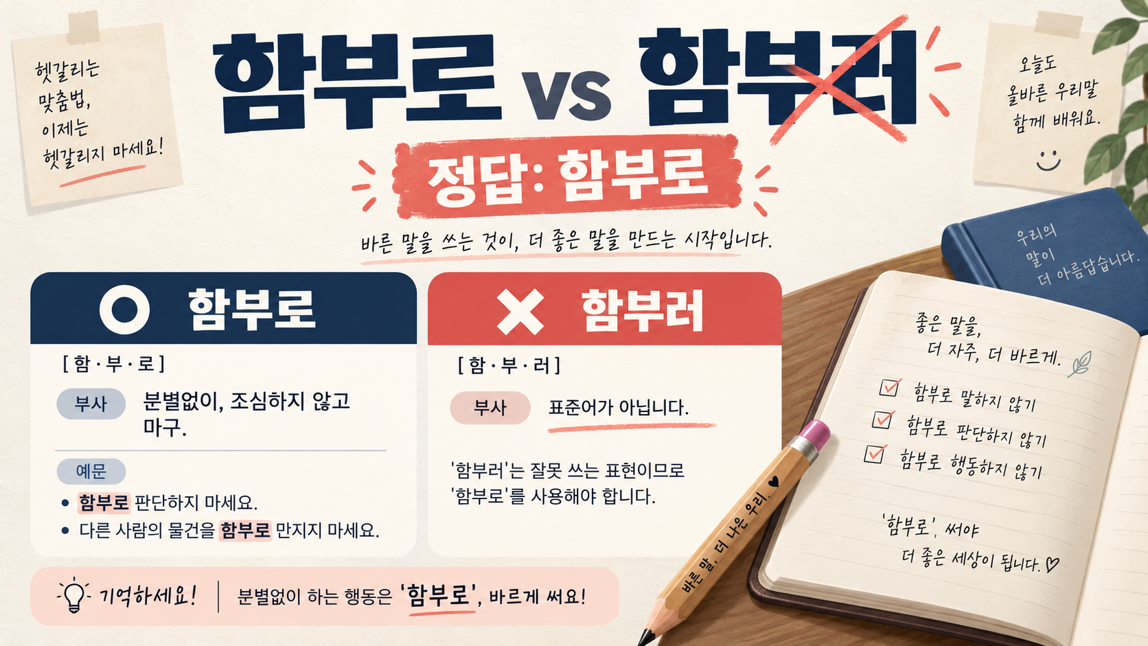 함부로와 함부러를 비교해 함부로가 정답임을 보여 주는 정보카드