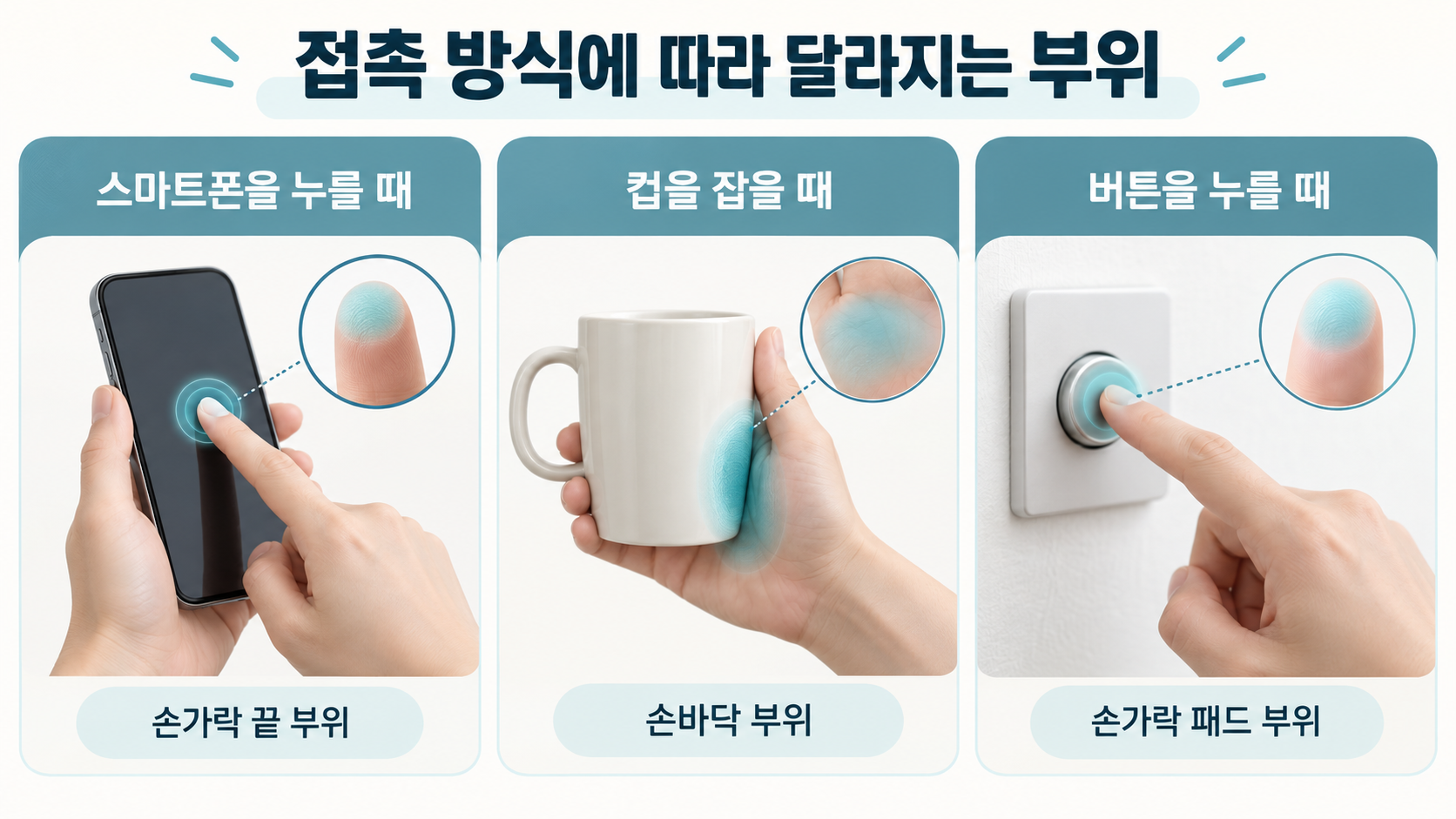 스마트폰 누르기 컵 잡기 버튼 누르기에서 쓰는 손 접촉부위를 비교한 정보카드