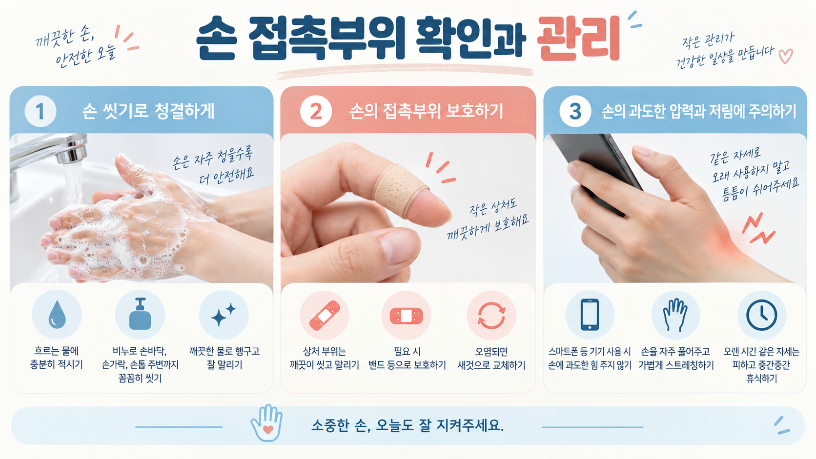손 씻기 상처 보호 과도한 압력 줄이기를 안내하는 손 접촉부위 관리 정보카드