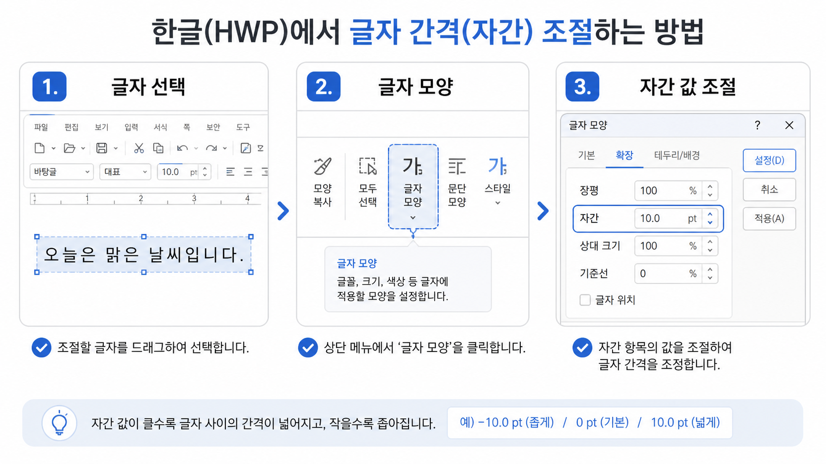 한글에서 글자 선택 후 글자 모양 메뉴로 자간 값을 조절하는 정보카드