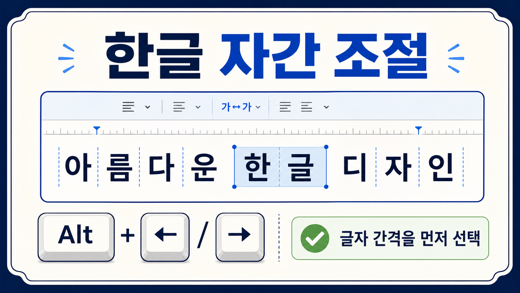 한글 자간 조절 단축키와 글자 간격 선택 순서를 보여 주는 한국어 정보카드