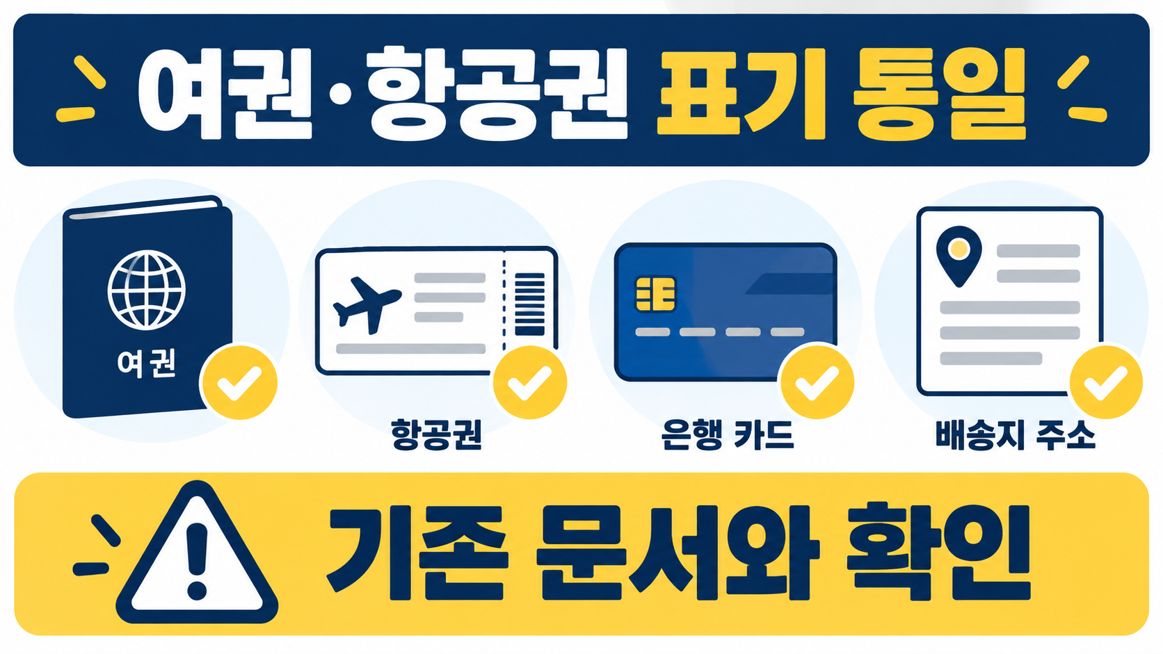 여권 신청 서류와 항공권 예시에서 한글 이름의 영문 표기가 서로 달라 빨간 펜으로 확인하는 장면