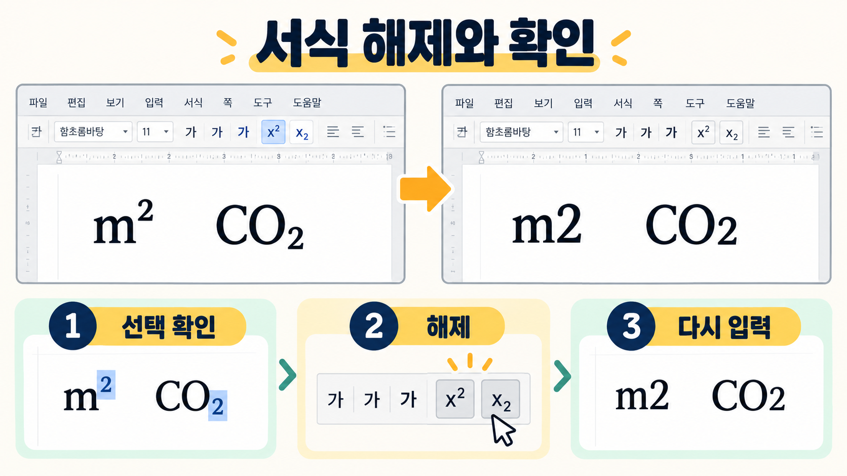 한글 위첨자 아래첨자 서식 해제 확인 카드