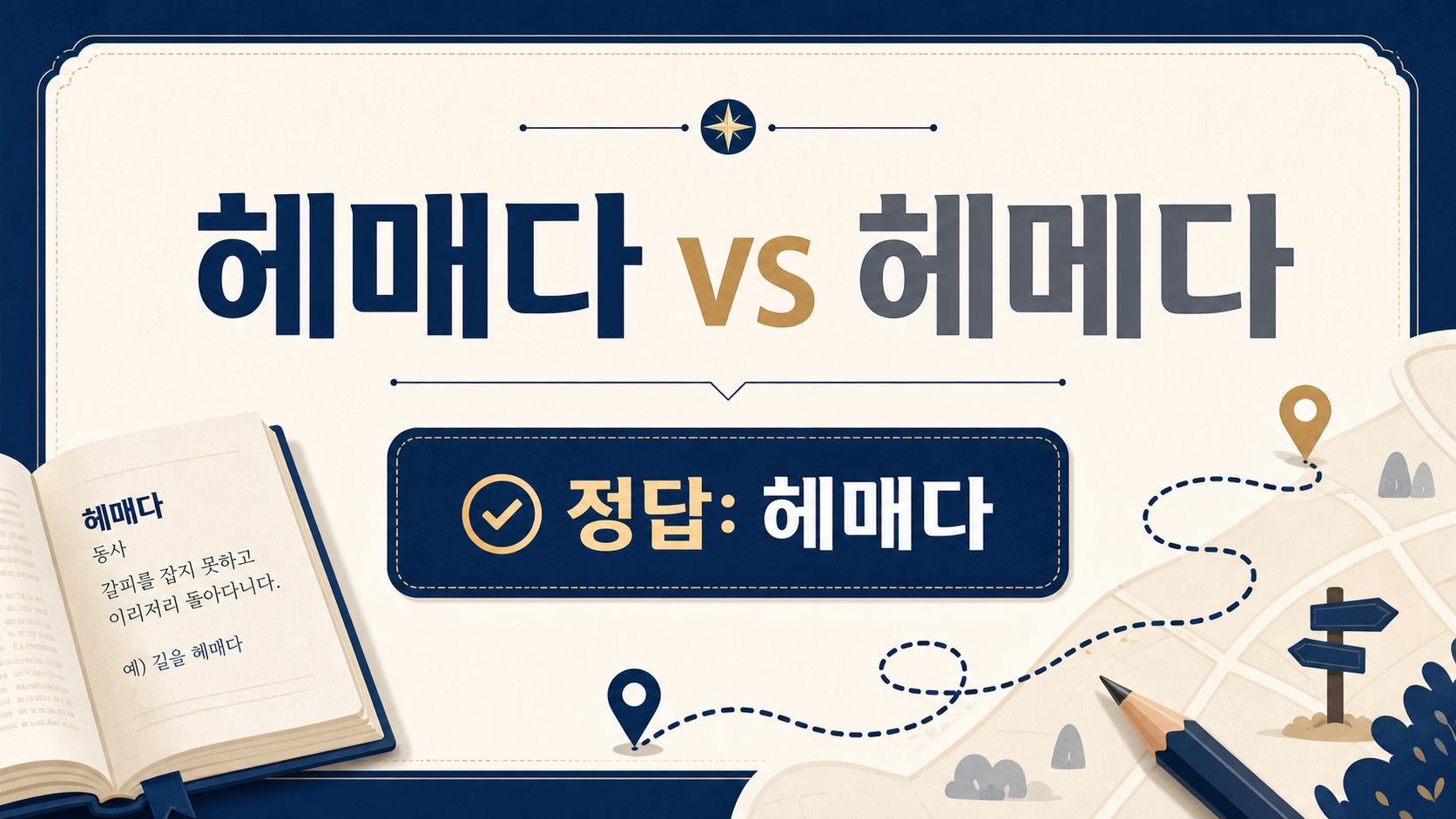 헤매다와 헤메다 맞춤법을 설명하는 정보카드