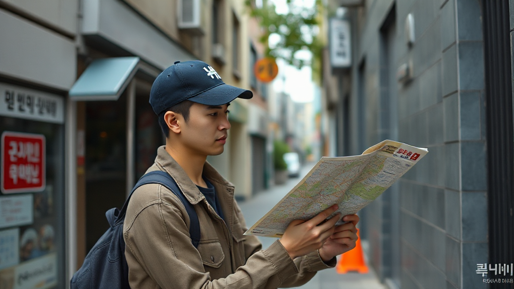낯선 길에서 지도를 보며 방향을 찾는 장면