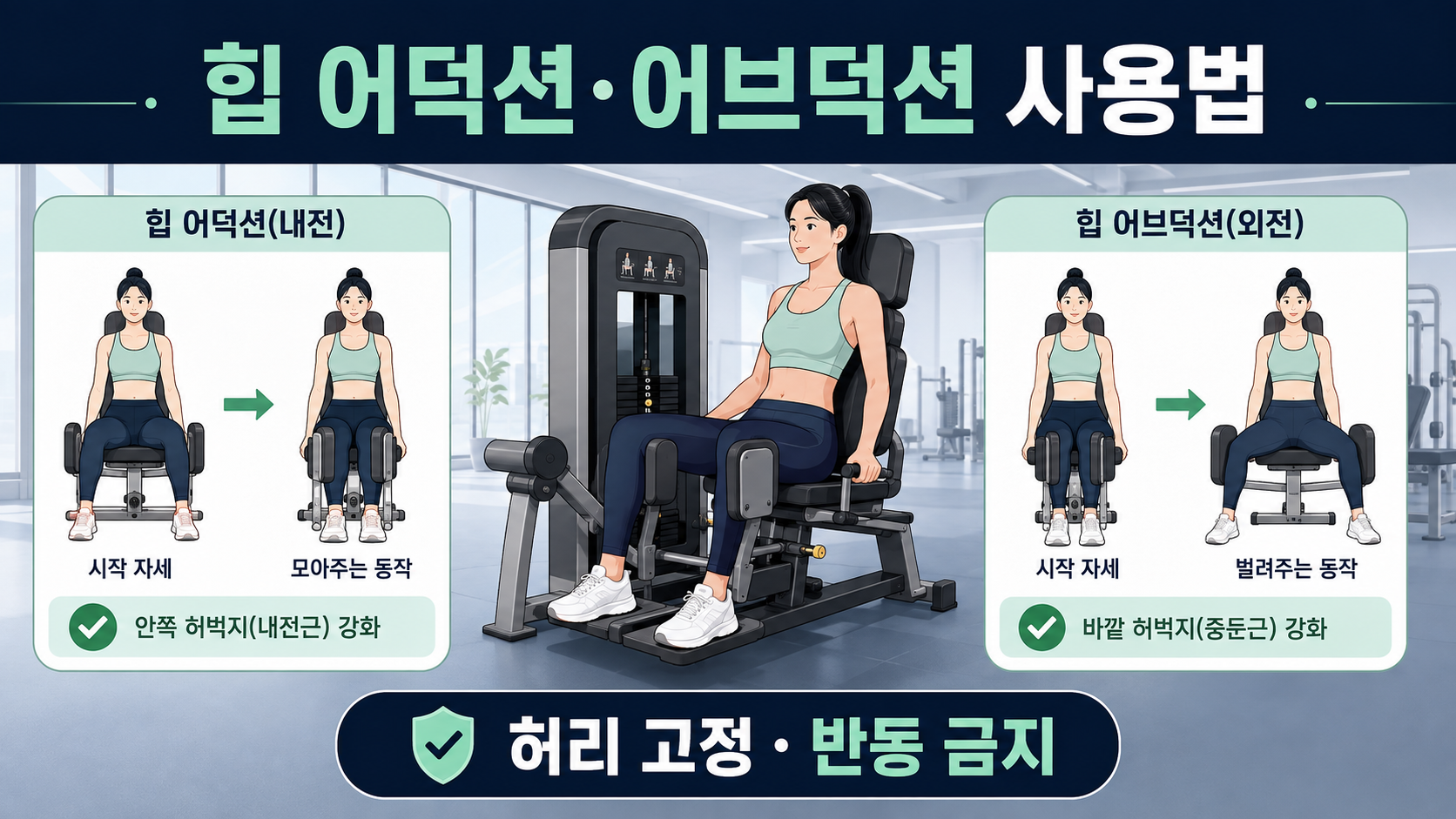 힙 어덕션과 힙 어브덕션 사용 방법, 허리 고정과 반동 금지 안내 정보 카드
