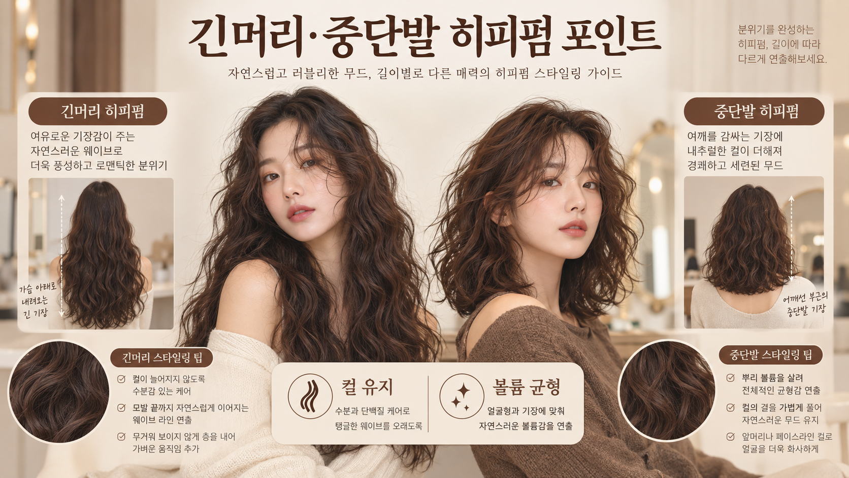 긴머리와 중단발 히피펌 손질 포인트