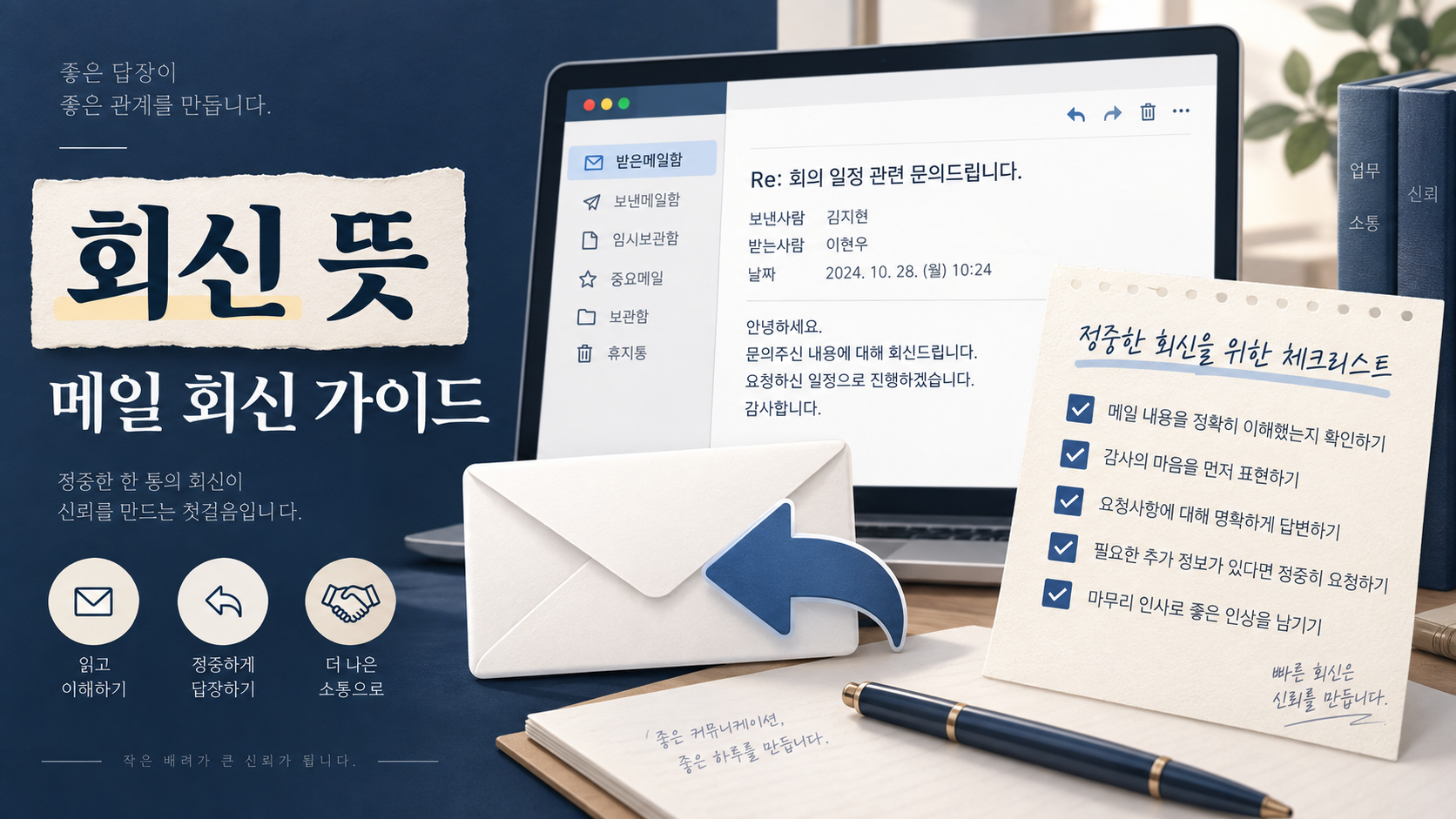 회신 뜻과 메일 회신 가이드를 보여 주는 한국어 정보카드