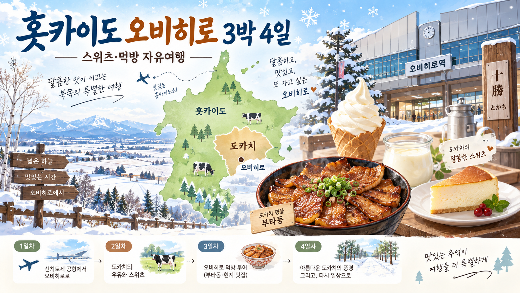 홋카이도 오비히로 3박 4일 스위츠 먹방 여행 정보카드