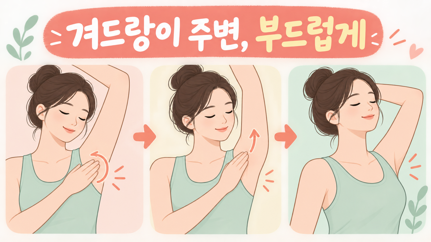 겨드랑이 주변을 부드럽게 정리하는 순서를 보여 주는 한국형 정보카드