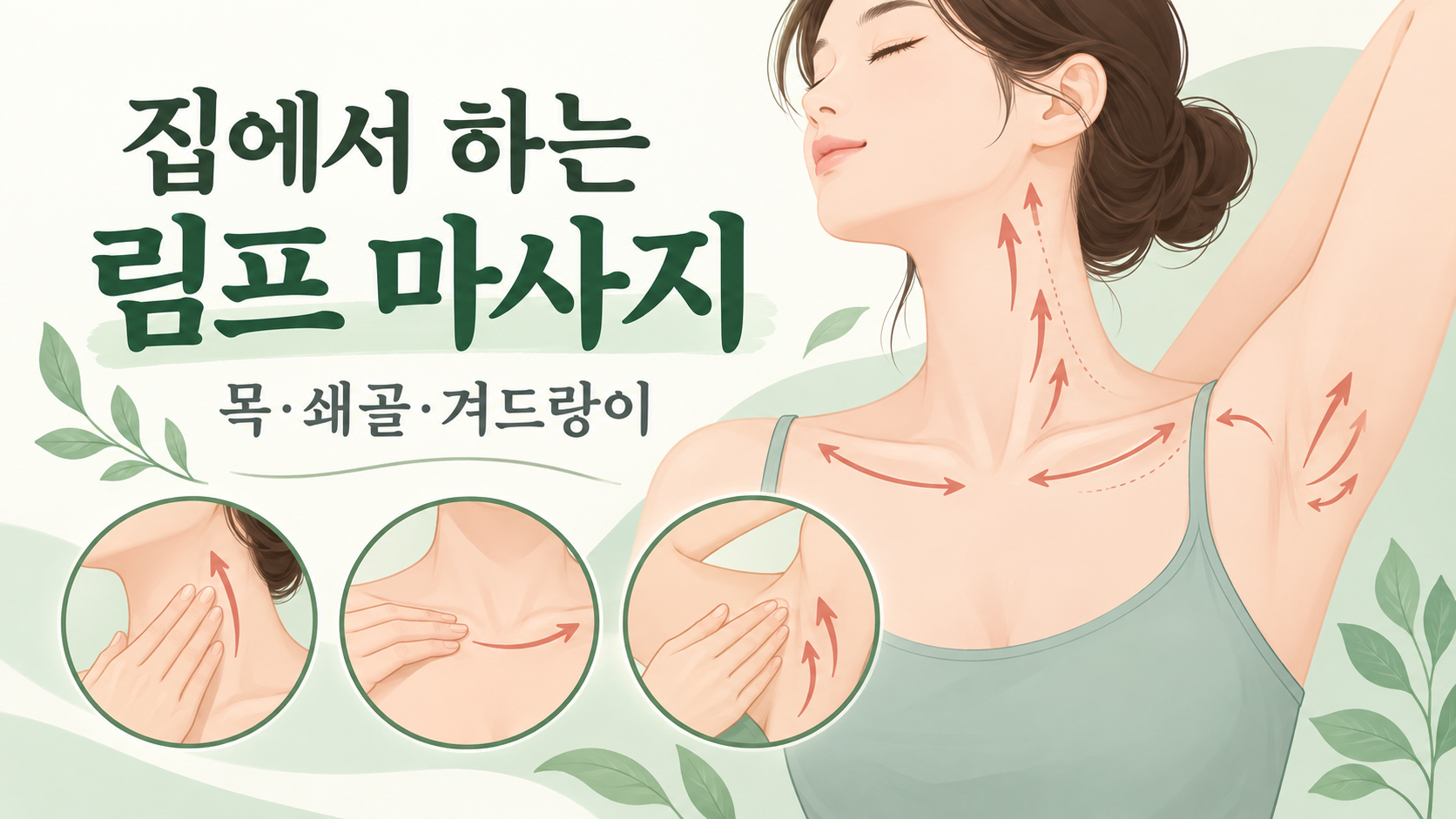 목과 쇄골, 겨드랑이 주변의 가벼운 셀프 케어 순서를 보여 주는 한국형 정보카드