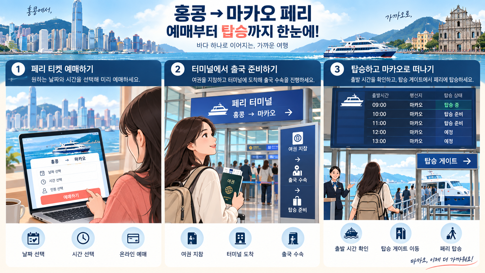 홍콩 마카오 페리 예약과 탑승 절차를 보여 주는 카드