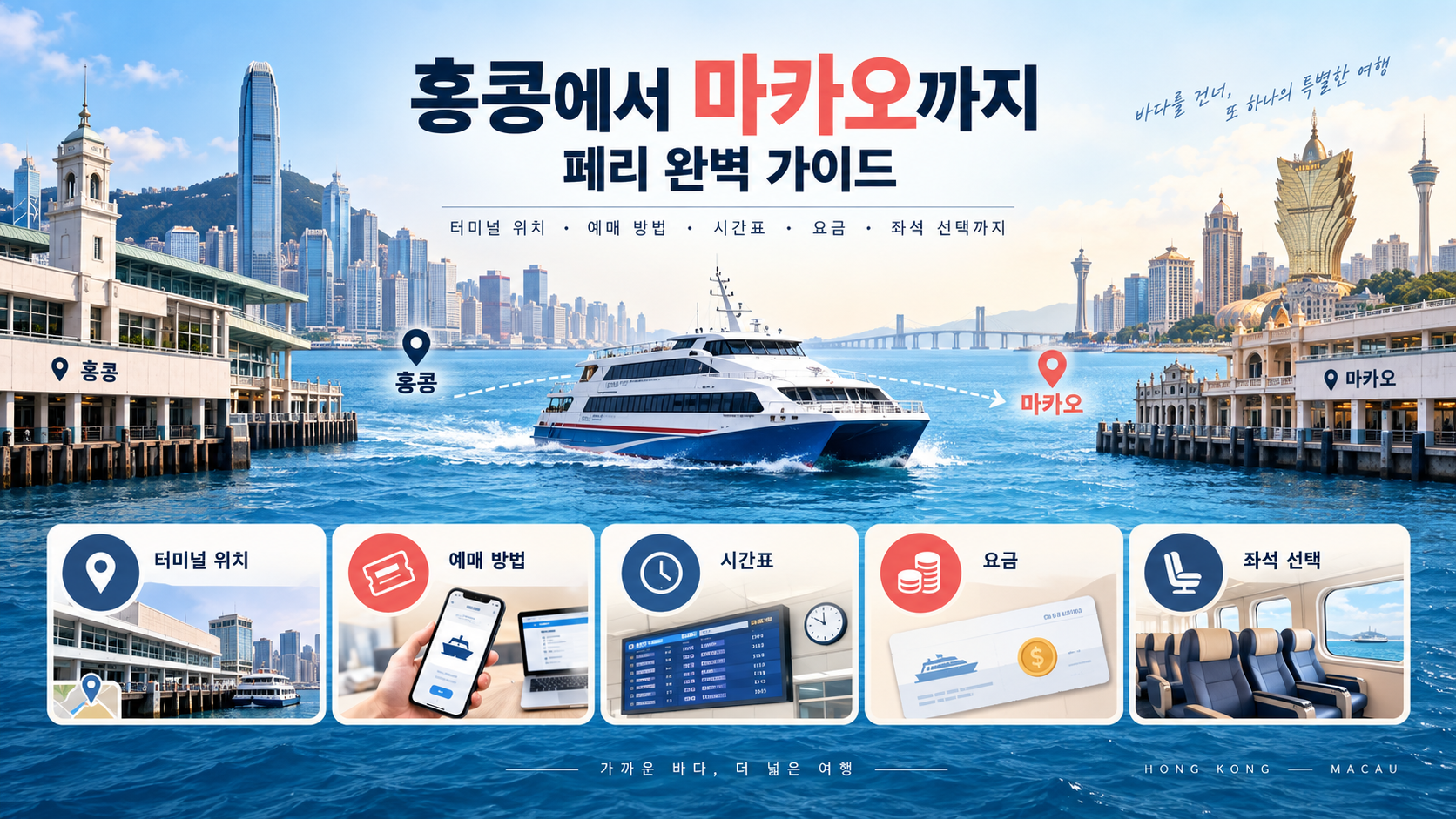 홍콩에서 마카오로 가는 페리 예약과 이동 정보를 나타낸 카드