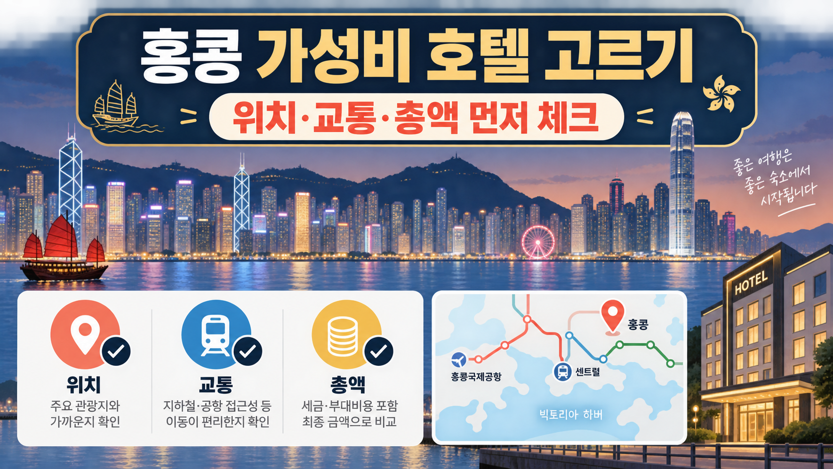 홍콩 가성비 호텔을 고를 때 위치, 교통, 총액을 확인하는 한국어 정보카드