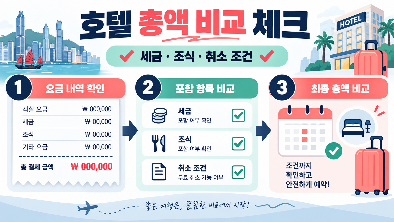 홍콩 호텔 예약 시 세금, 조식, 취소 조건을 포함해 총액을 비교하는 정보카드
