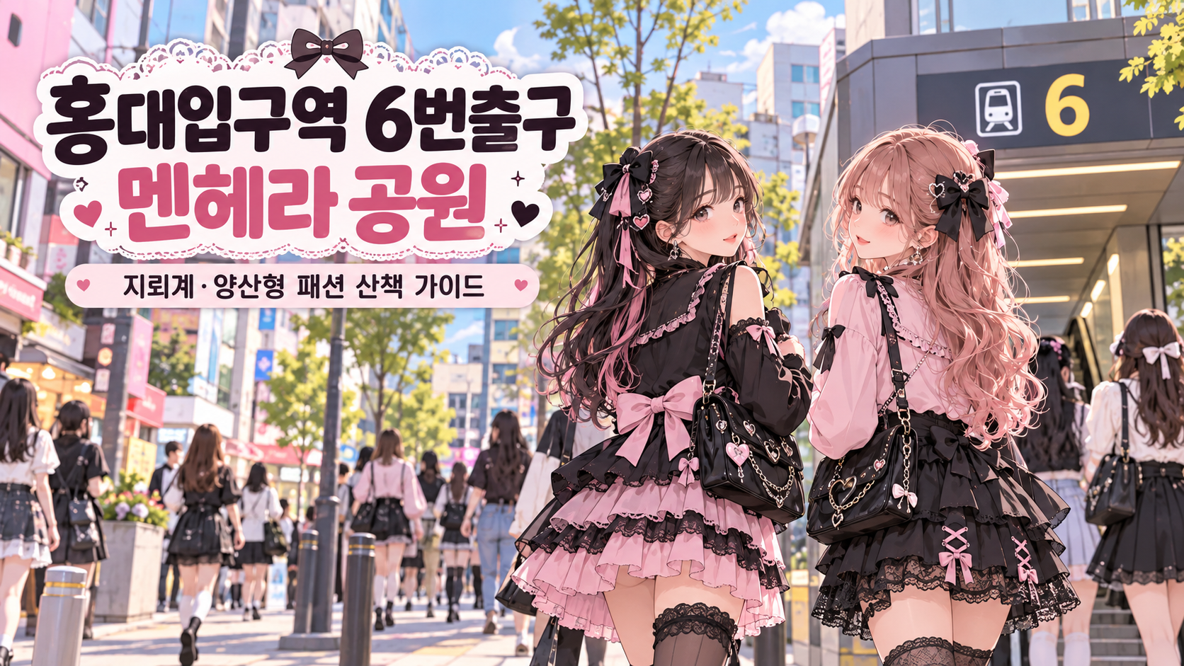 홍대입구역 6번출구와 지뢰계 양산형 패션 산책 가이드 정보카드