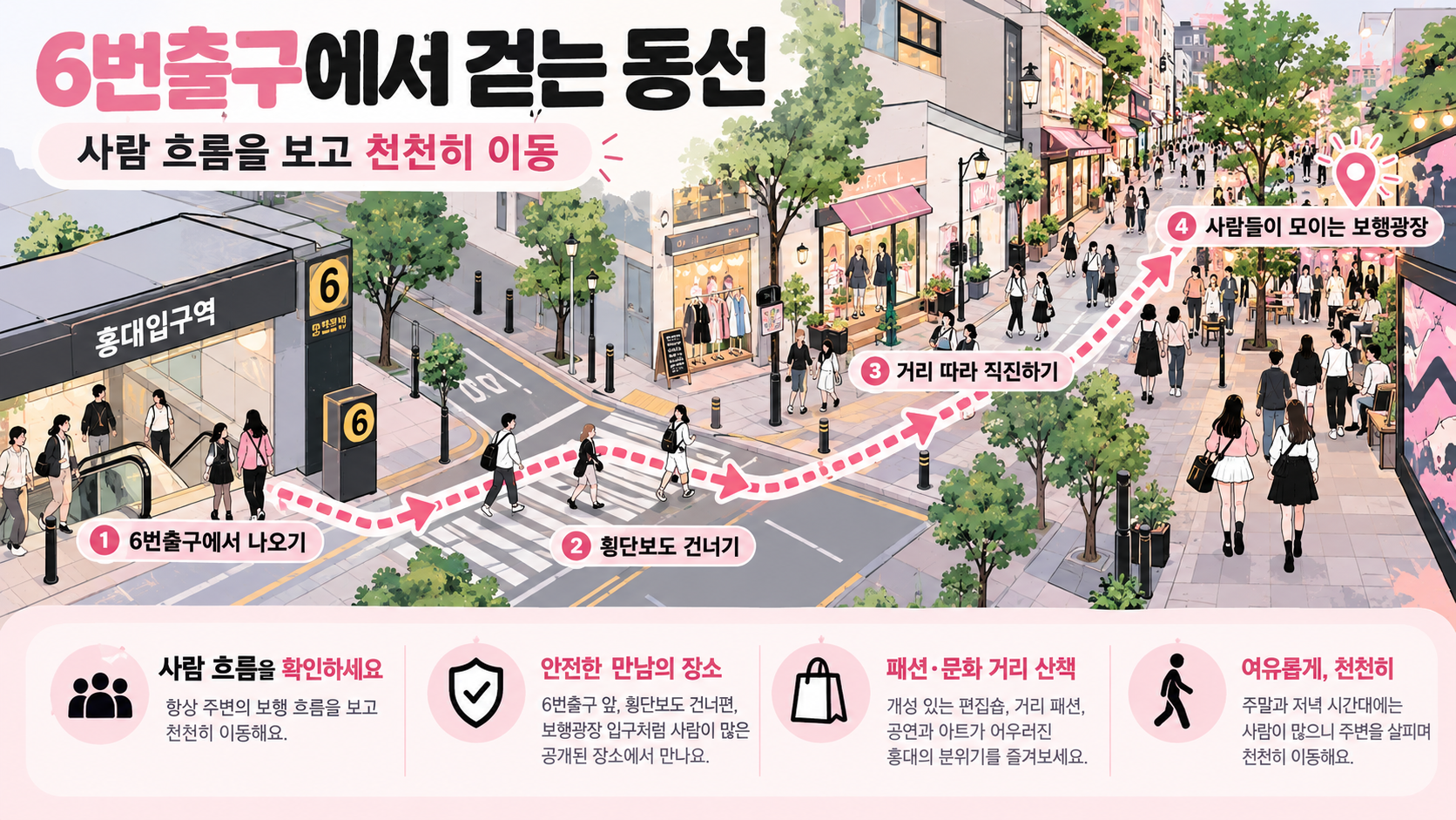 홍대입구역 6번출구에서 걷는 동선 정보카드