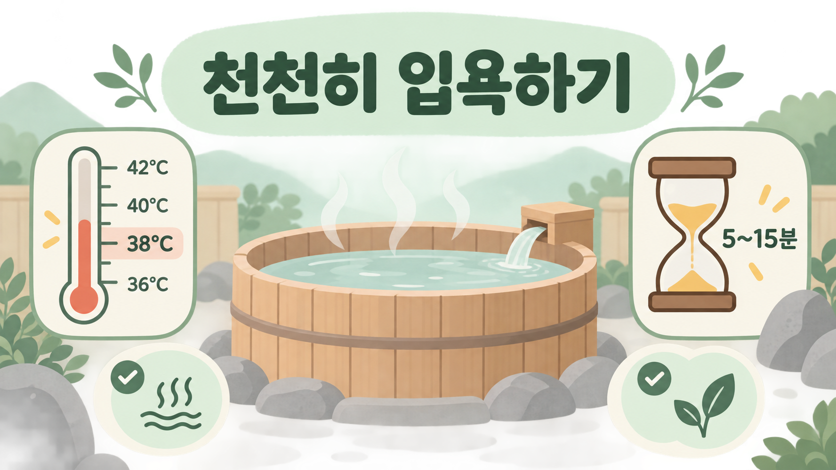 온천 입욕 시간과 수분 보충을 안내하는 정보카드