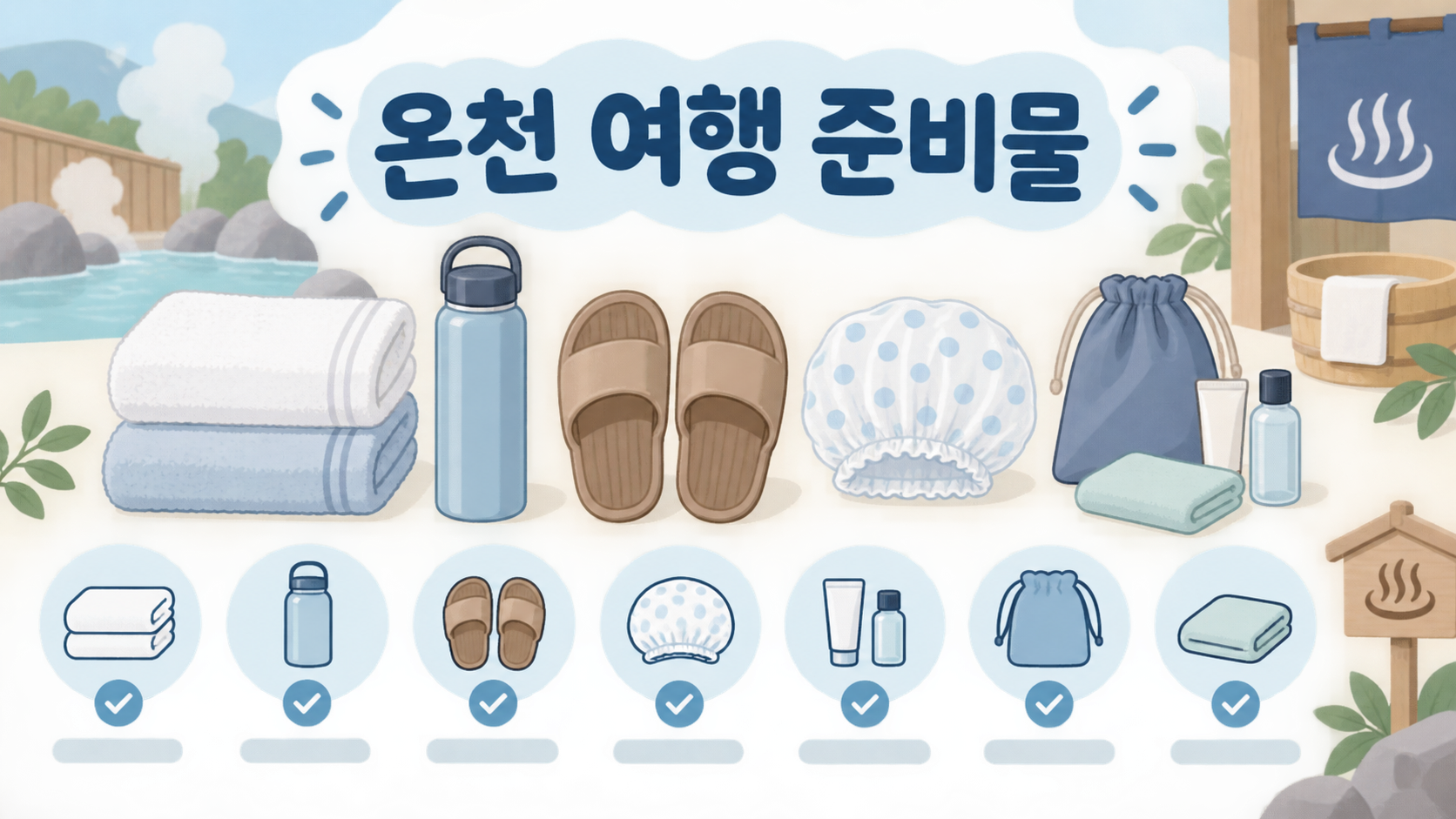 수건 물병 슬리퍼 등 온천 여행 준비물을 보여 주는 정보카드