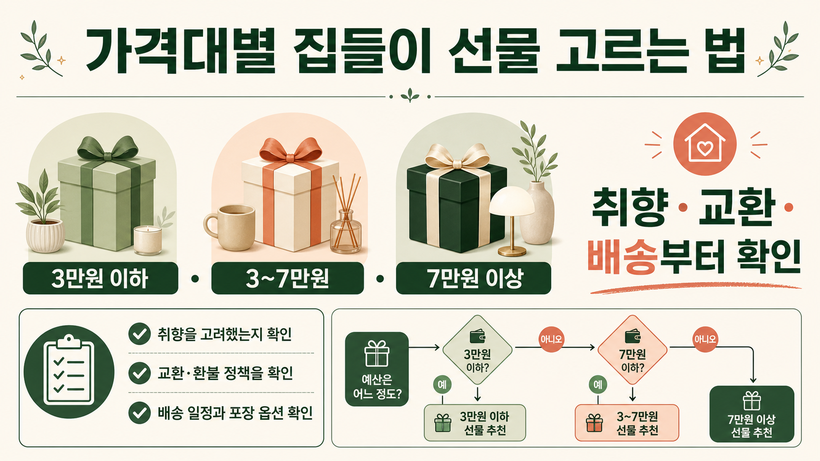 가격대별 집들이 선물을 고르는 법을 안내하는 한국어 정보카드