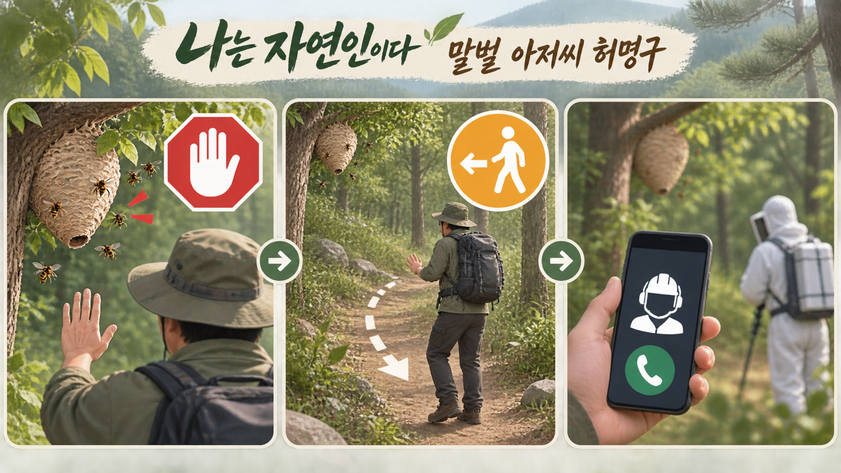 말벌집 발견 뒤 멈춤과 후퇴, 신고를 보여 주는 안전 정보카드