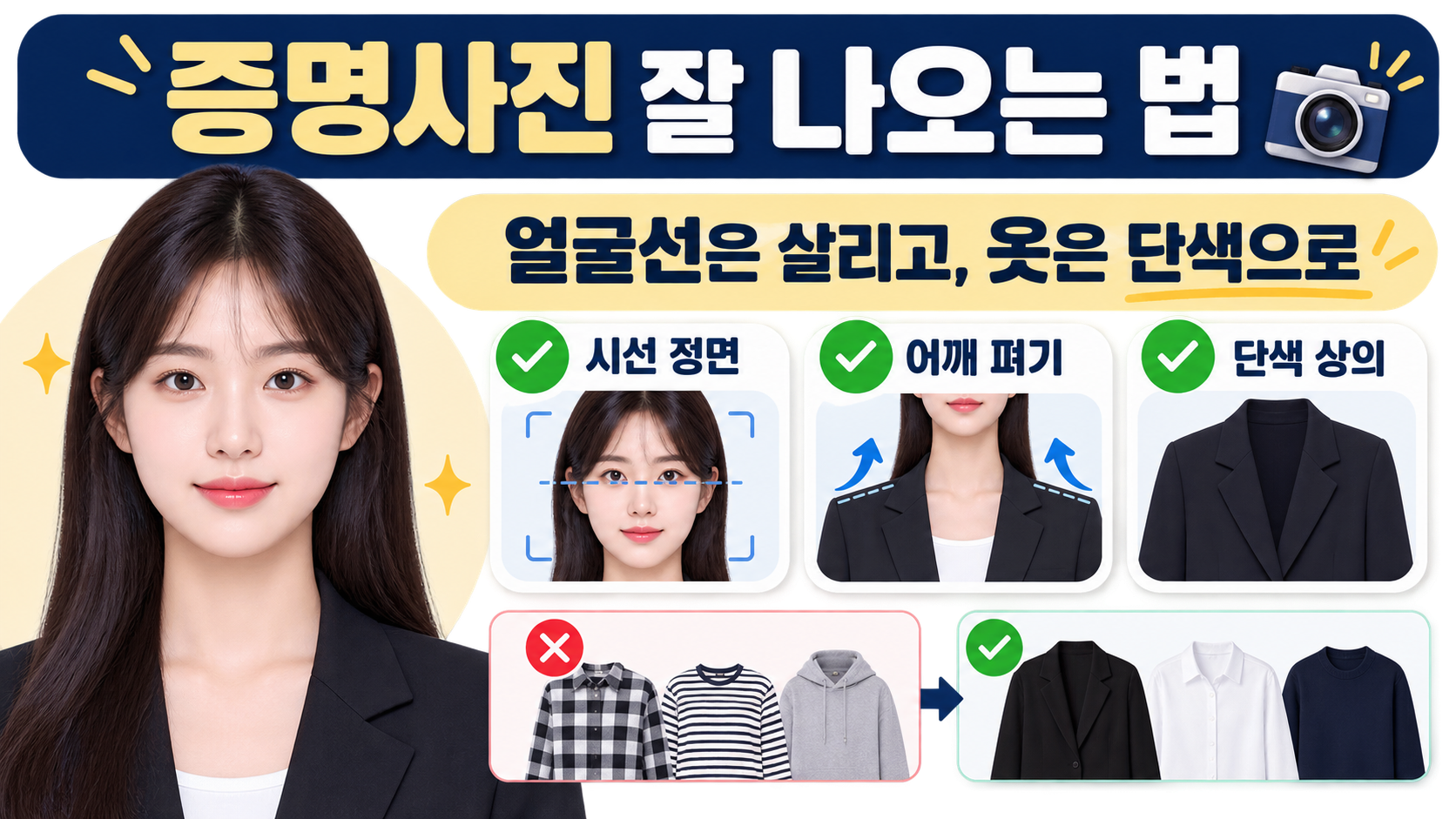 증명사진 잘 나오는 법을 정리한 한국어 정보카드: 시선 정면·어깨 펴기·단색 상의 체크
