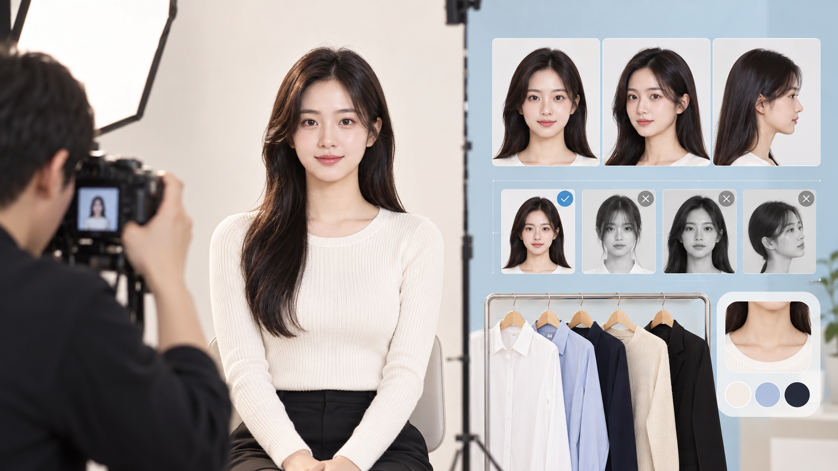 사진관에서 증명사진을 촬영하며 의상과 표정을 비교하는 정보 카드