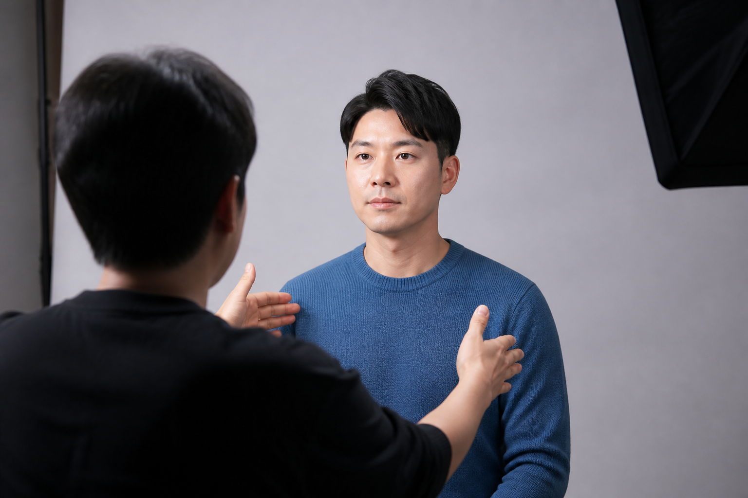 사진관에서 촬영자가 앉은 사람의 어깨와 시선 높이를 안내하는 모습
