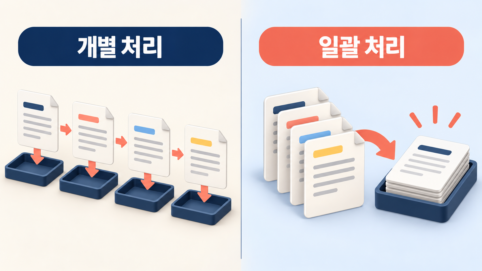 개별 처리와 일괄 처리의 차이를 비교한 정보 카드