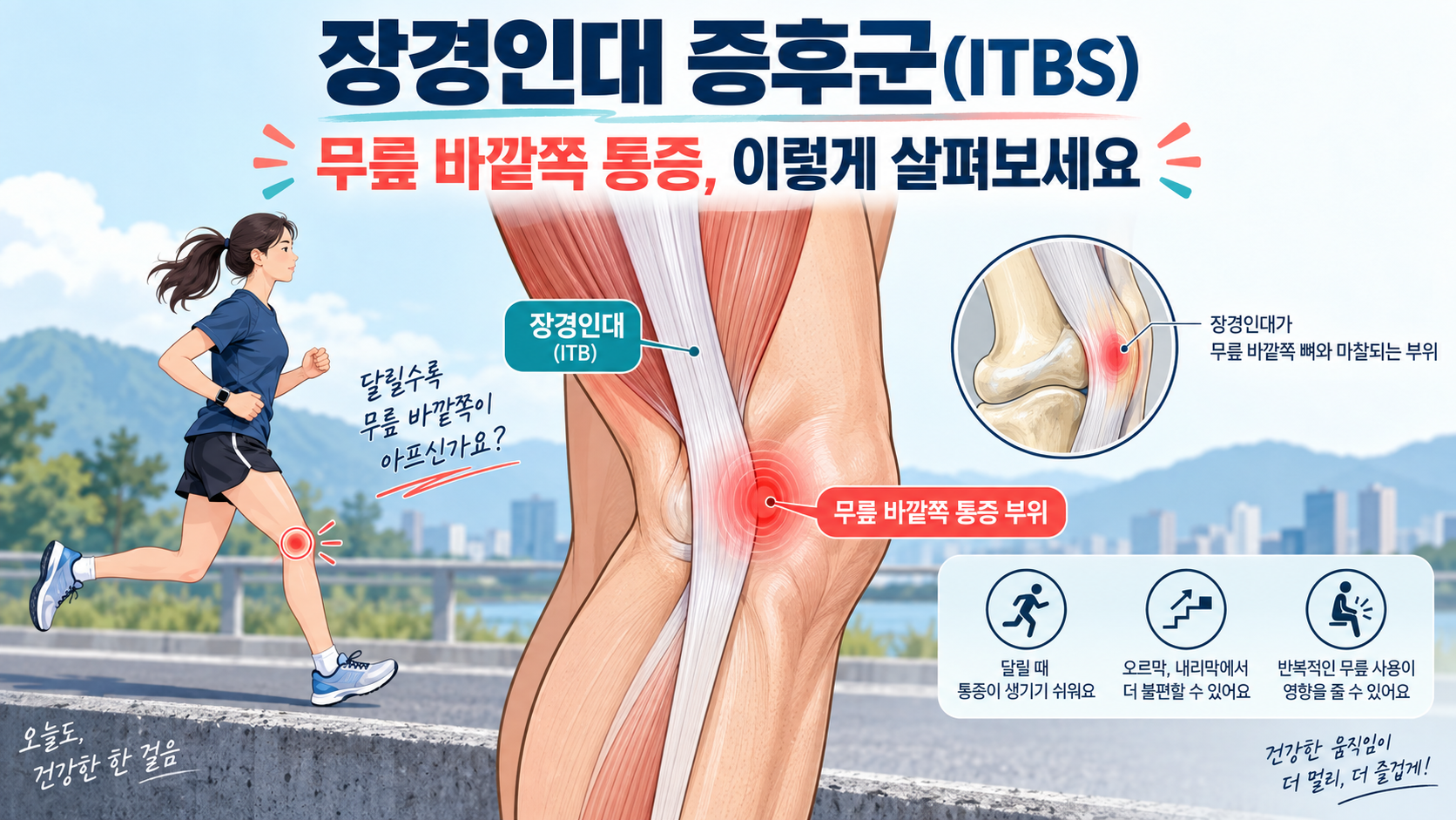 장경인대와 무릎 바깥쪽 통증 위치를 설명하는 정보 카드