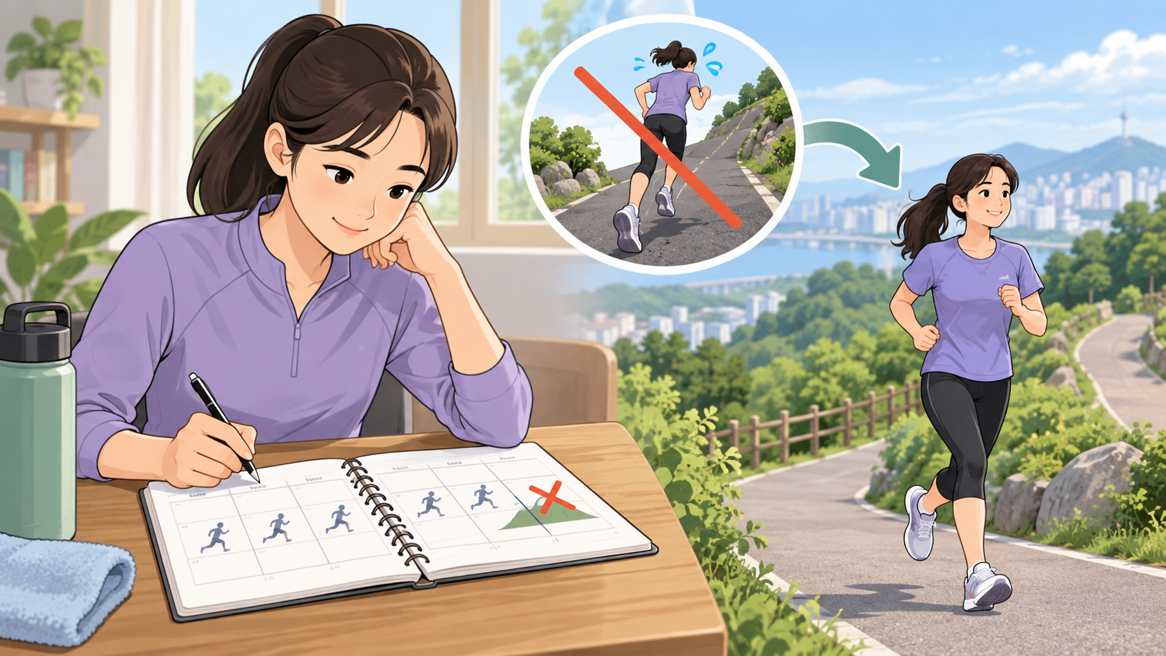 운동 일지를 보며 언덕 달리기 일정을 조절하는 러너