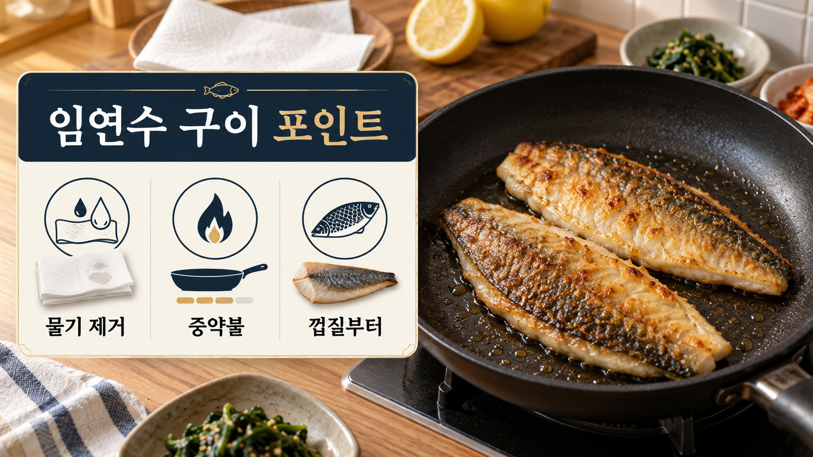 팬에서 껍질째 노릇하게 익는 생선 필레