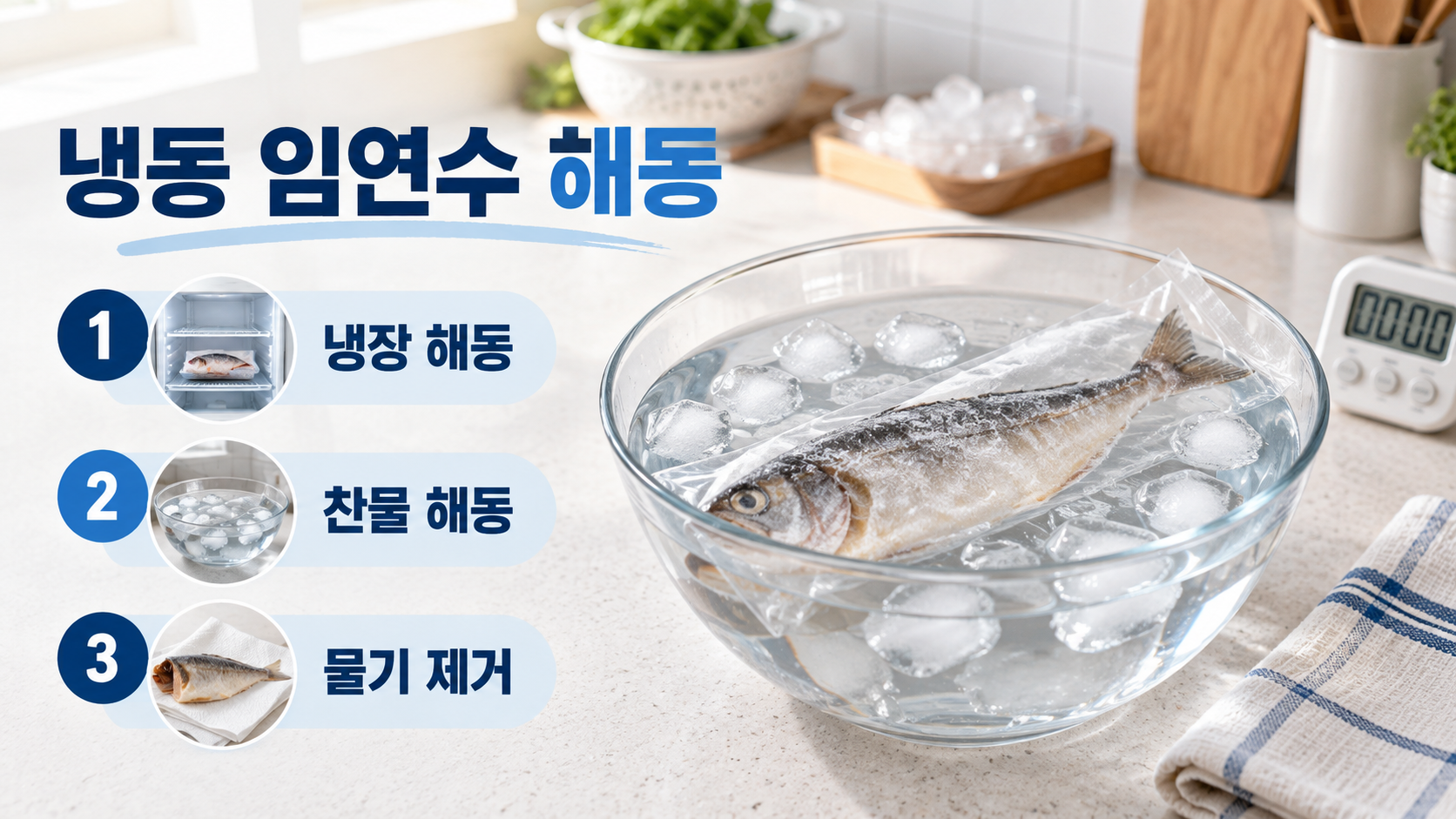 냉동 생선을 차가운 물에서 해동하는 준비 장면