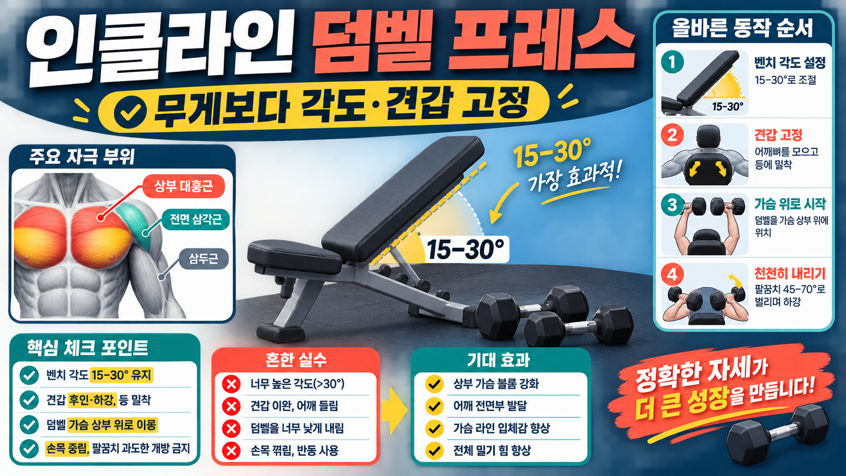 인클라인 덤벨 프레스 자세와 벤치 각도, 견갑 고정 핵심을 정리한 정보카드
