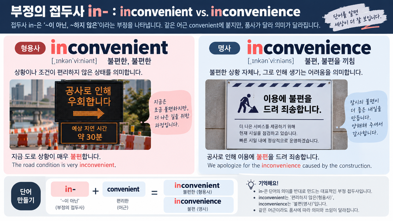 inconvenient와 inconvenience 및 접두사 in-을 설명하는 한국어 정보카드
