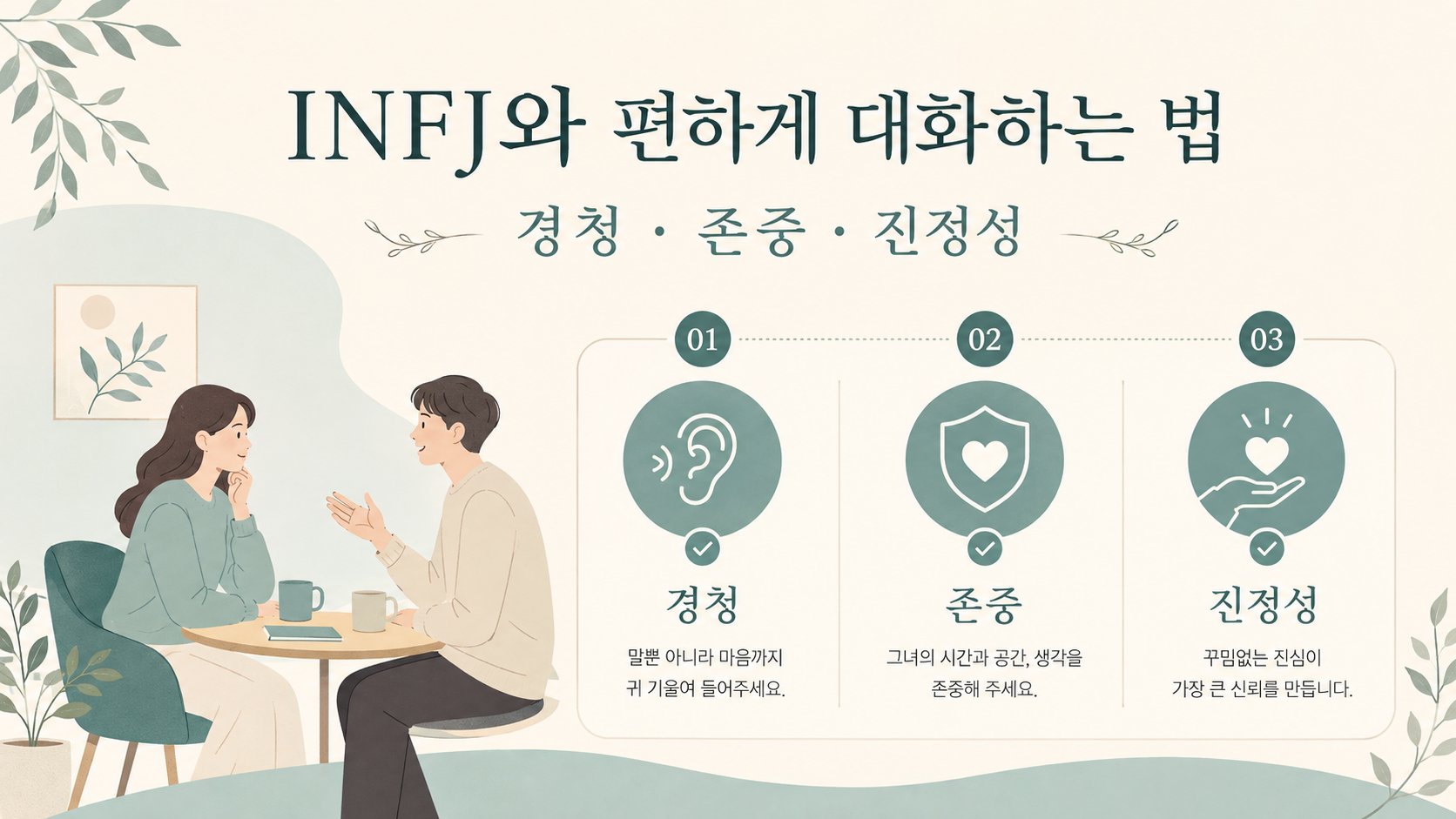 INFJ와 편하게 대화하는 법을 정리한 정보 카드