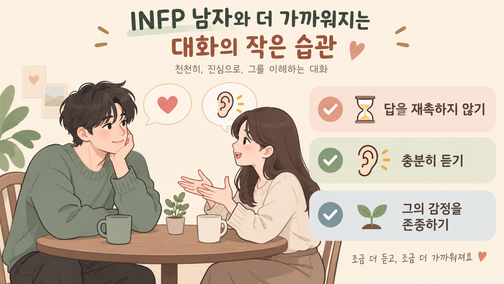 INFP 남자와 편안하게 대화하는 방법을 보여 주는 정보 카드