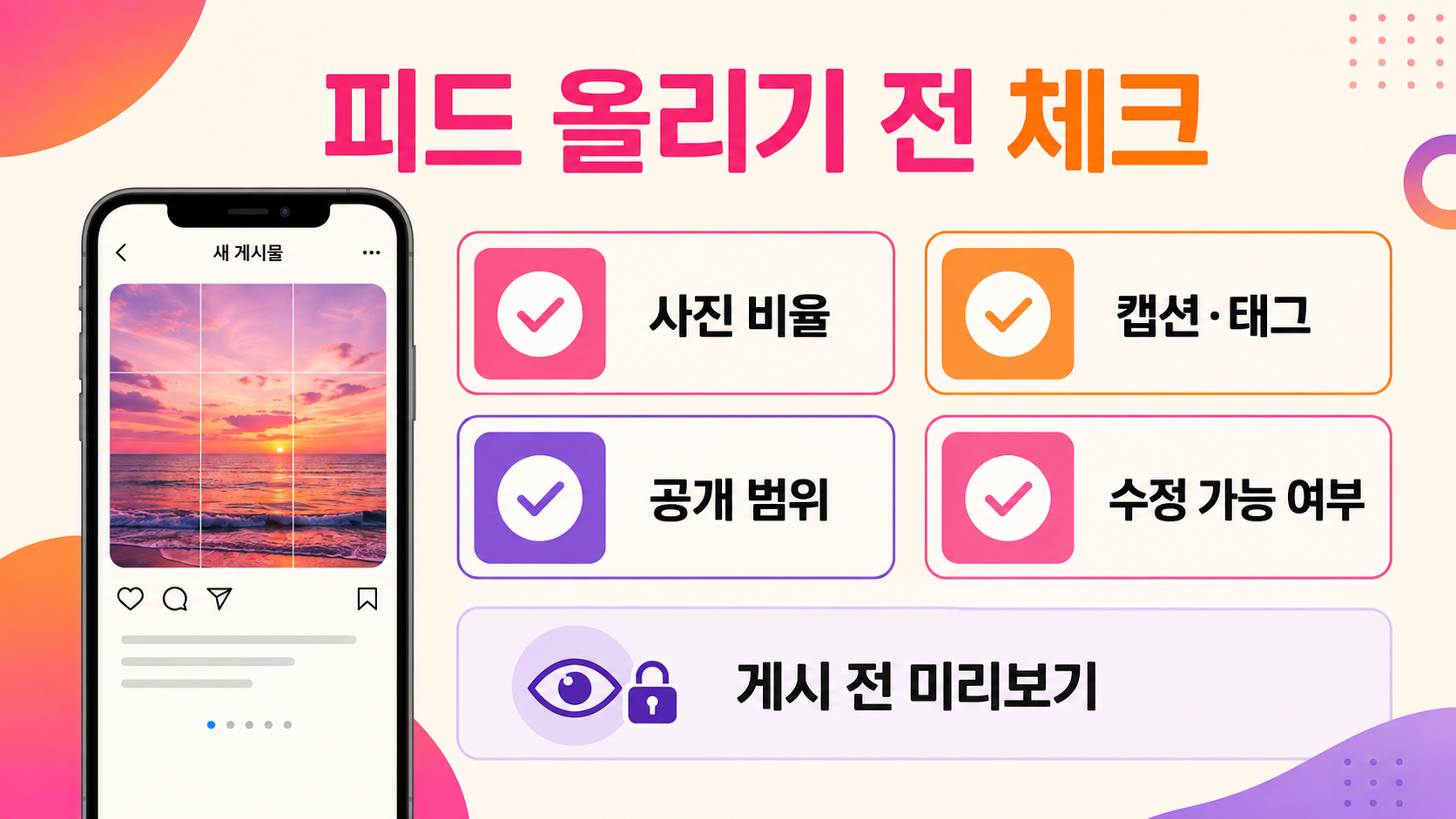 인스타 피드 게시 전 사진 비율과 공개범위를 확인하는 체크리스트 정보카드