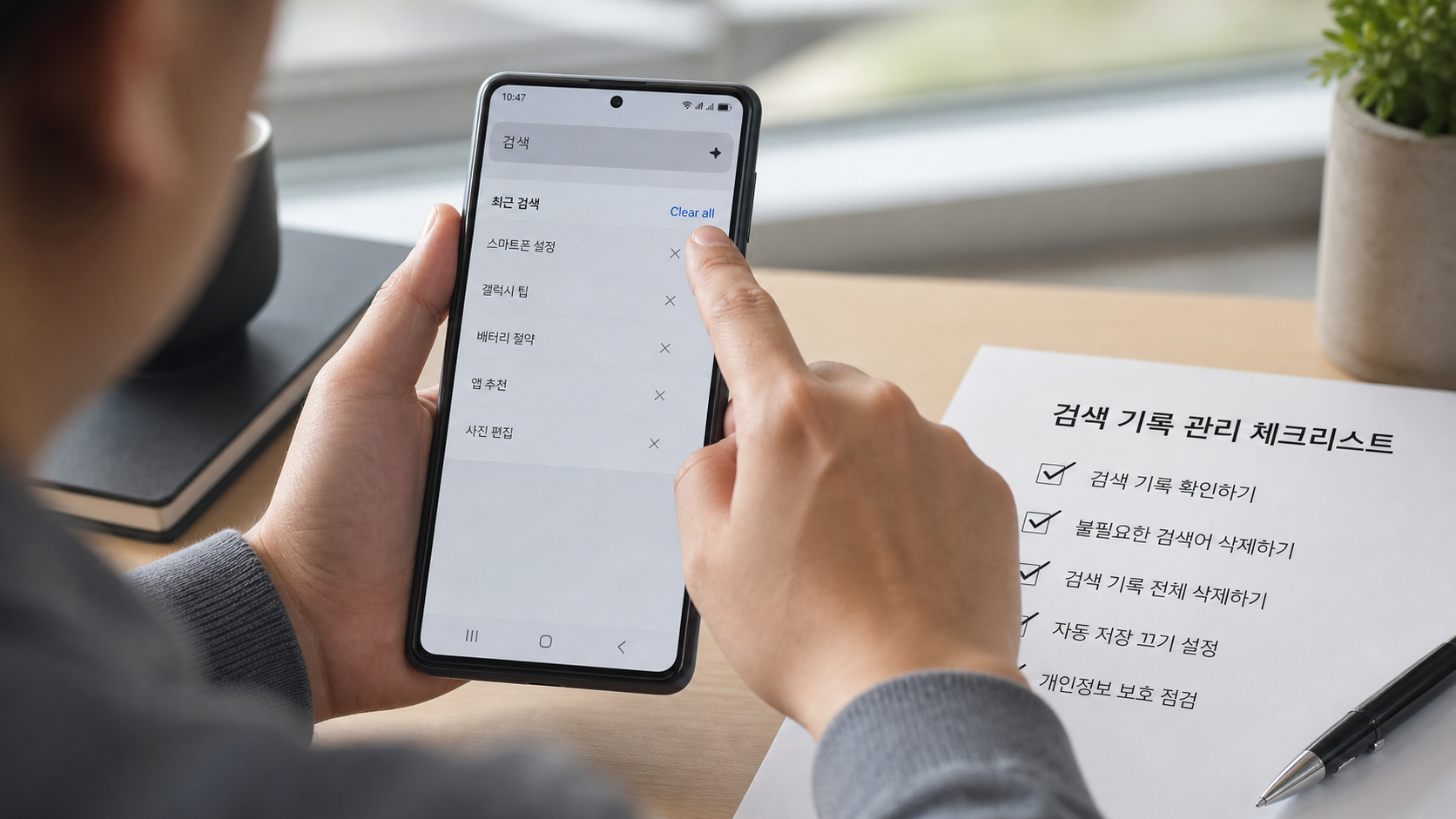 인스타그램 검색 기록 삭제 화면을 보며 최근 검색어를 정리하는 스마트폰 사용 장면